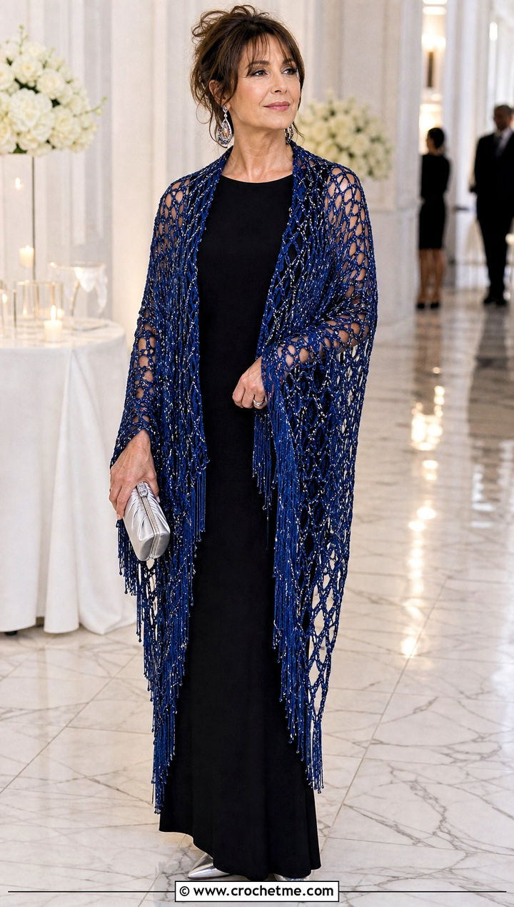 Metallic Thread Crochet Shawl With Column Dress - 25 Stevie Nicks Crochet Shawl outfit ideas