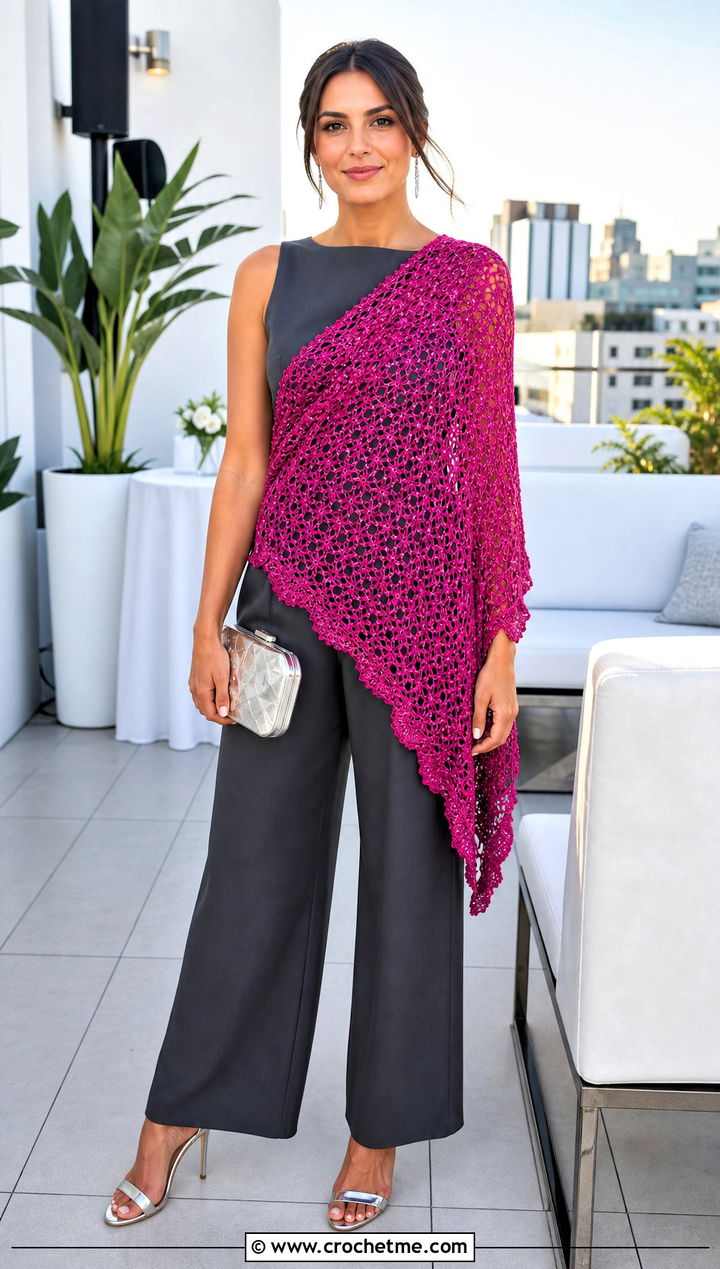 Metallic Thread Crochet Shawl With Monochrome Party Outfit - 30 boho crochet shawl outfit ideas