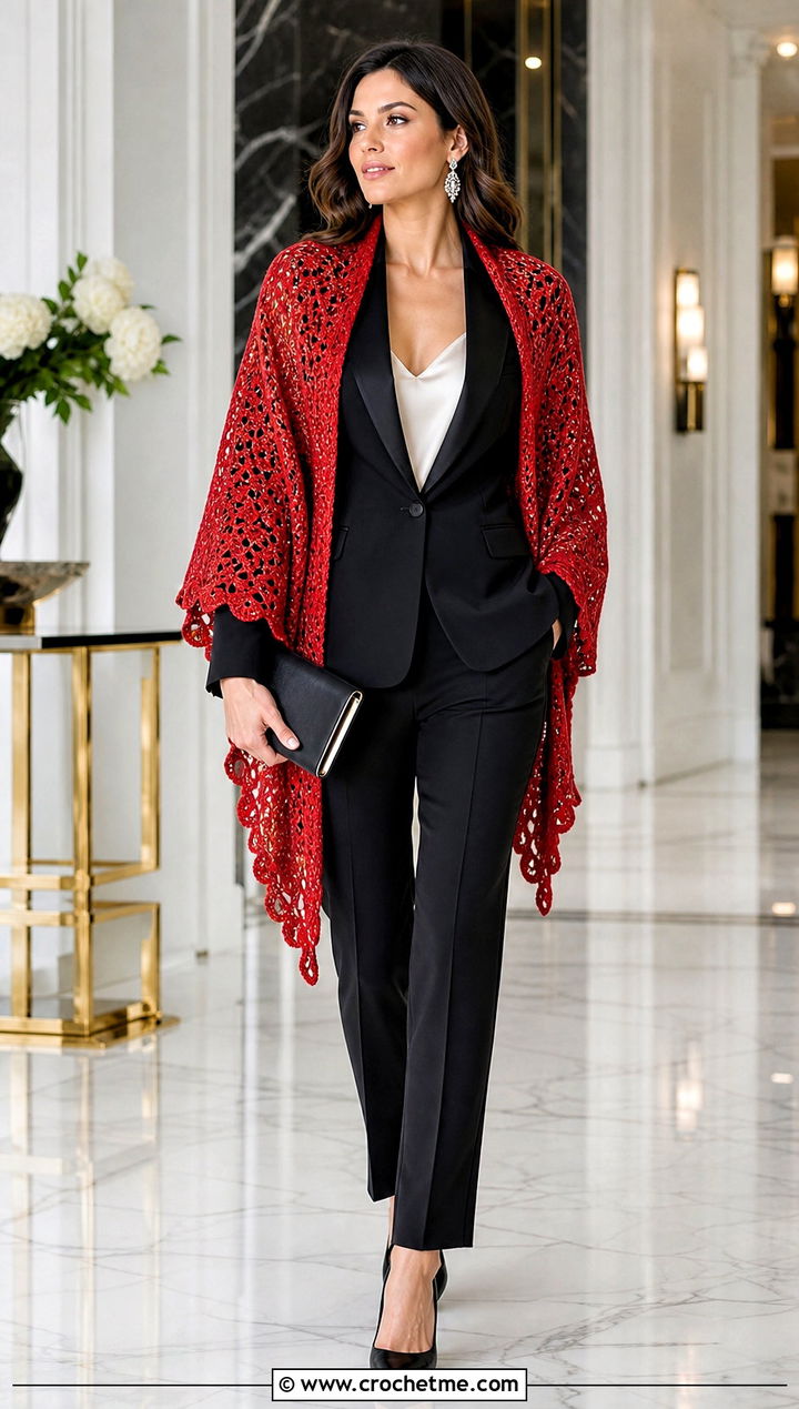 Metallic Thread Crochet Shawl With Tuxedo Suit - 35 quick crochet shawl outfit ideas