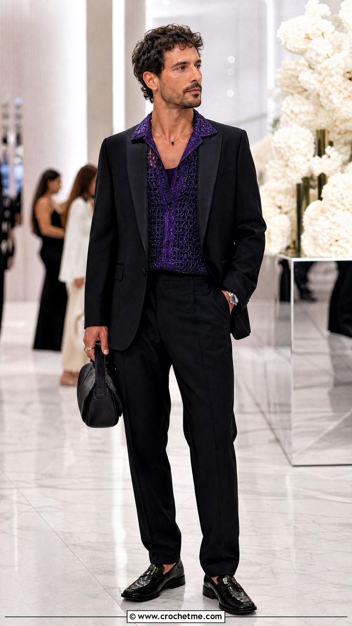 Metallic Thread Crochet Shirt With A Black Suit - 35 crochet men shirt outfit ideas