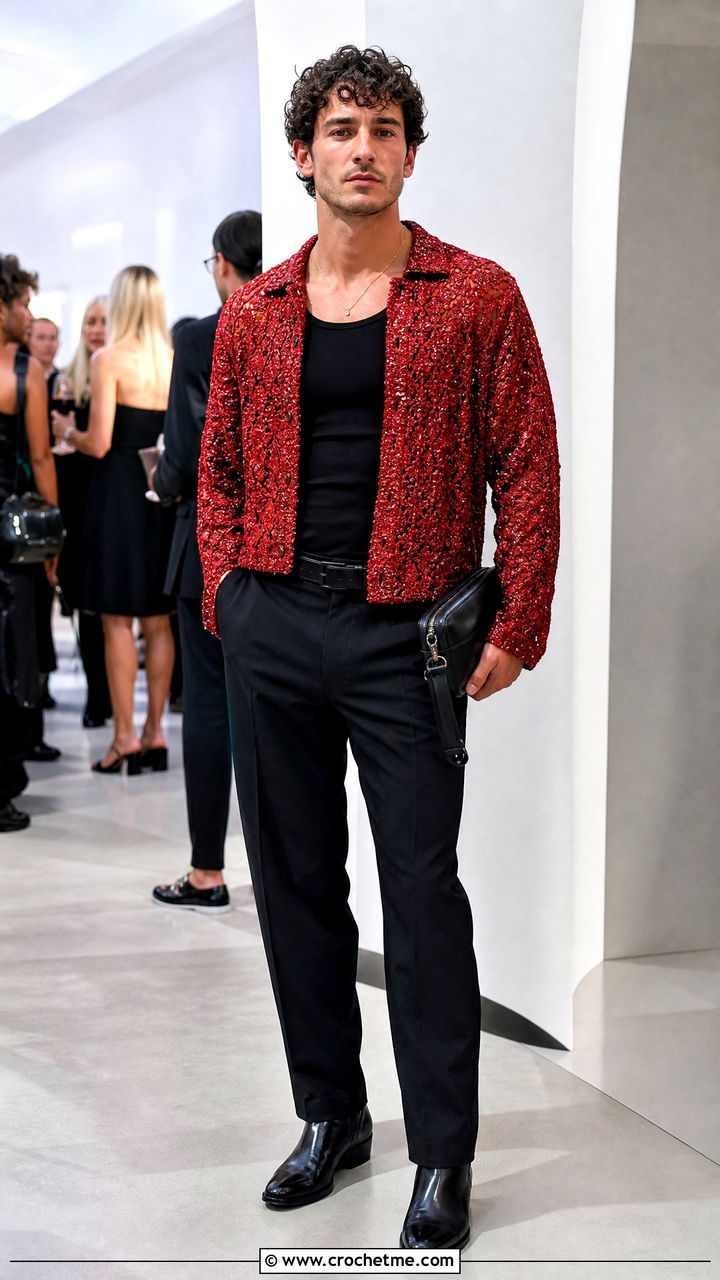 Metallic Thread Crochet Shirt With Black Trousers - 35 mens crochet shirt outfit ideas