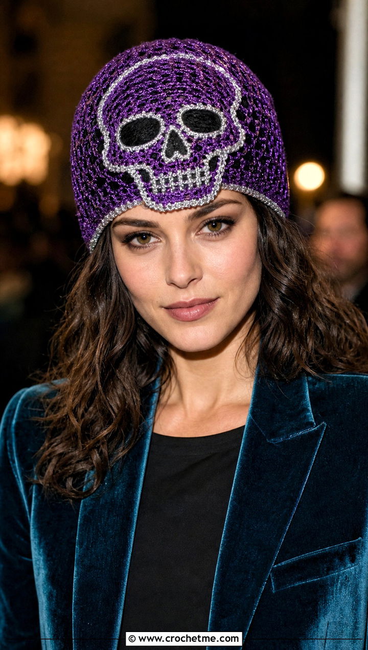 Metallic Thread Crochet Skull Beanie With Evening Suit - 30 crochet skull beanie outfit ideas