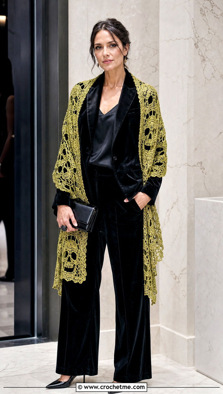 Metallic Thread Crochet Skull Shawl With a Velvet Suit - 35 crochet skull shawl outfit ideas