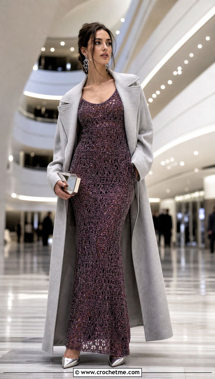 Metallic Thread Crochet Slip Dress With Long Coat - 25 crochet slip dress outfit ideas