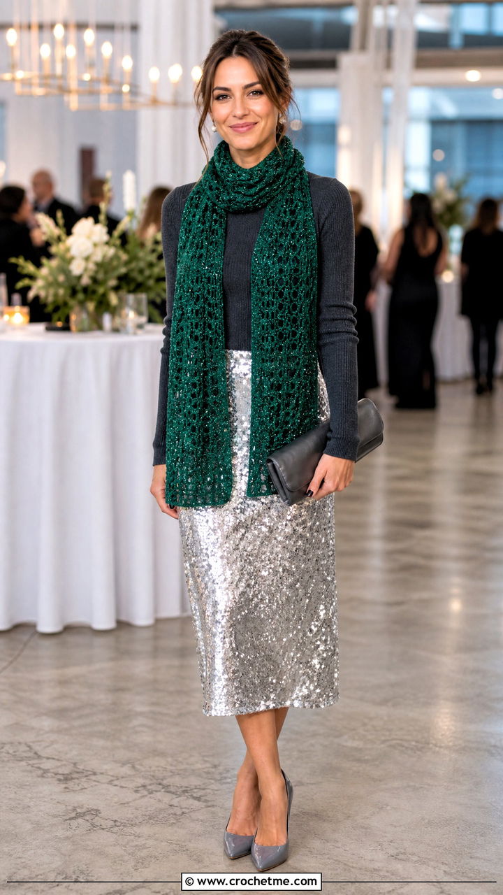 Metallic Thread Crochet Sophie Scarf With Sequin Skirt And Sweater - 35 crochet sophie scarf outfit ideas