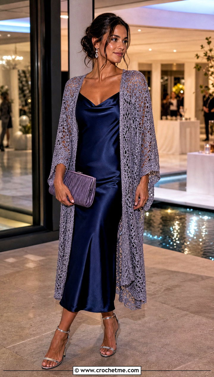 Metallic Thread Crochet Summer Kimono With Satin Dress - 30 crochet summer kimono outfit ideas