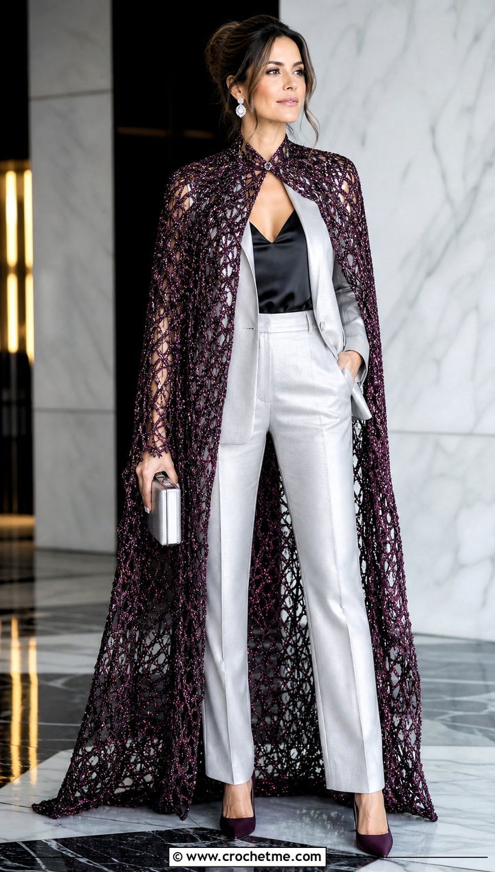 Metallic Thread Crochet Super Hero Cape With Evening Suit - 25 Crochet Super Hero Cape outfit ideas