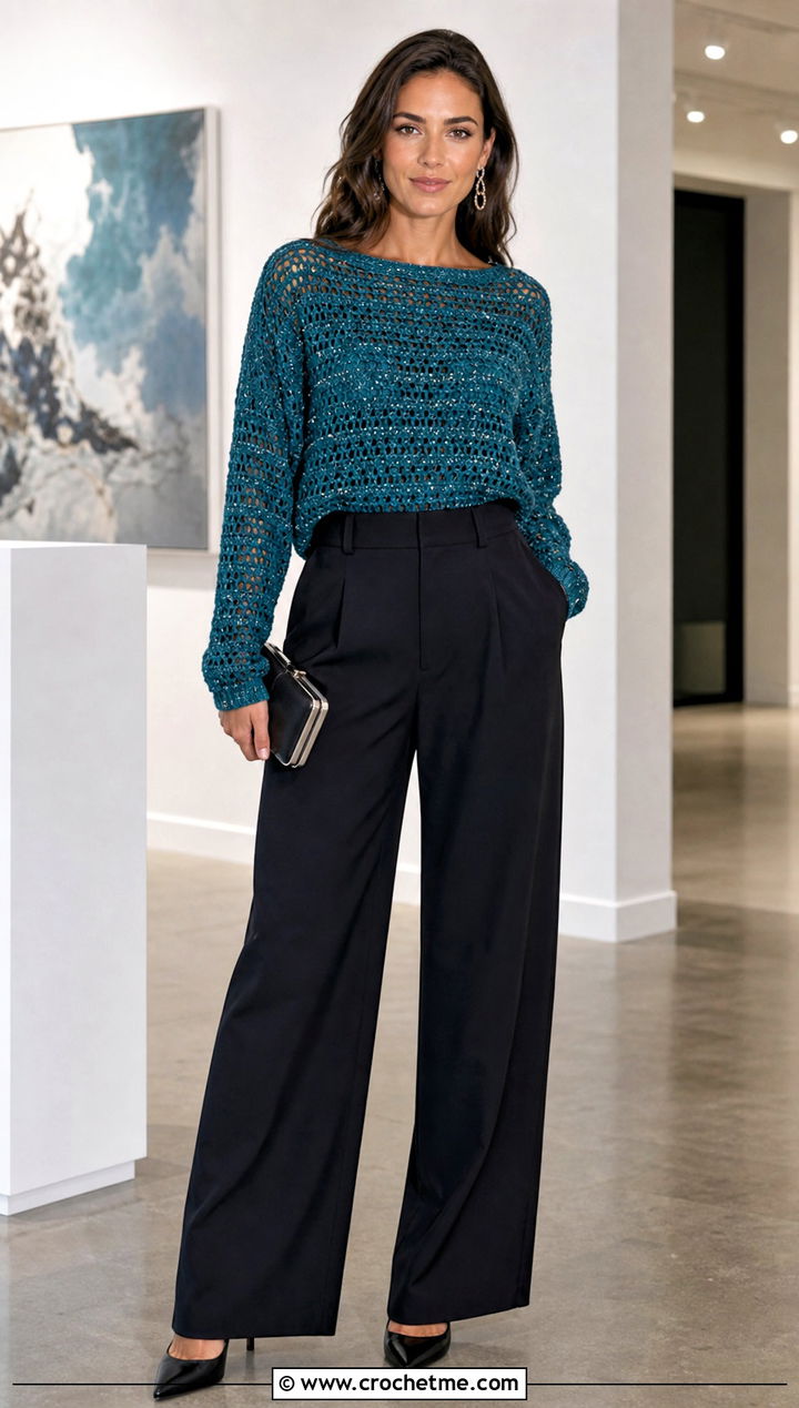Metallic Thread Crochet Sweater With Black Trousers - 35 simple crochet sweater outfit ideas