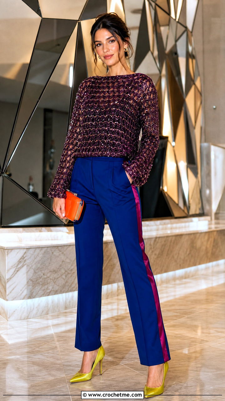 Metallic Thread Crochet Sweater With Tuxedo Pants - 35 crochet sweater design outfit ideas
