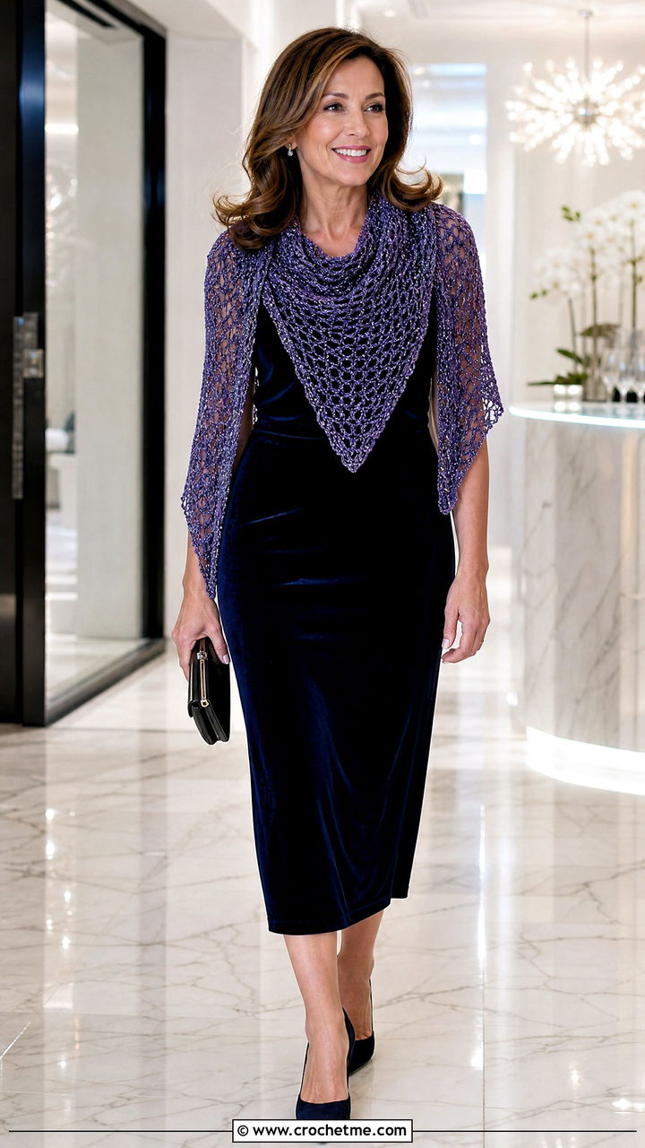 Metallic Thread Crochet Triangle Scarf With Velvet Dress And Pumps - 35 crochet triangle scarf outfit ideas
