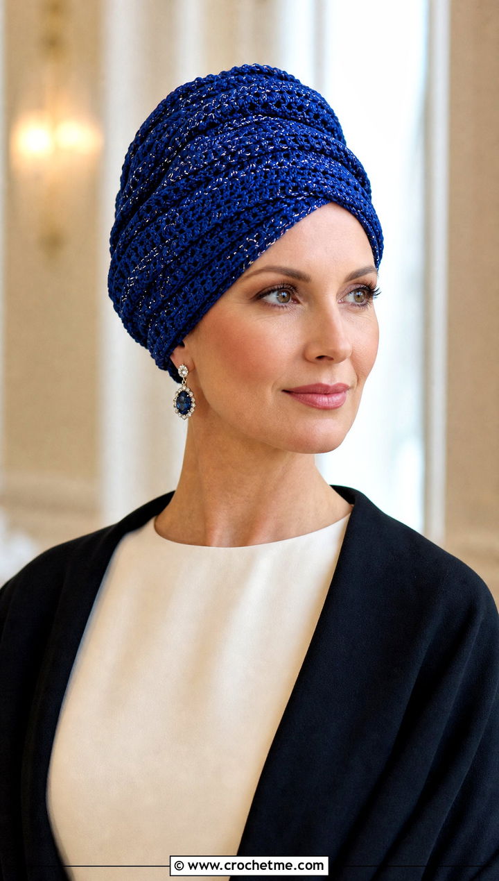 Metallic Thread Crochet Turban Hat With Column Dress - 35 crochet turban hat outfit ideas