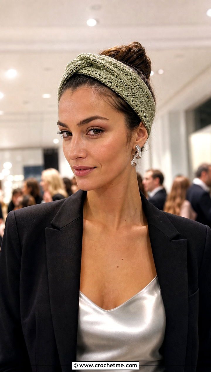 Metallic Thread Crochet Twist Headband With Evening Suit - 30 crochet twist headband outfit ideas