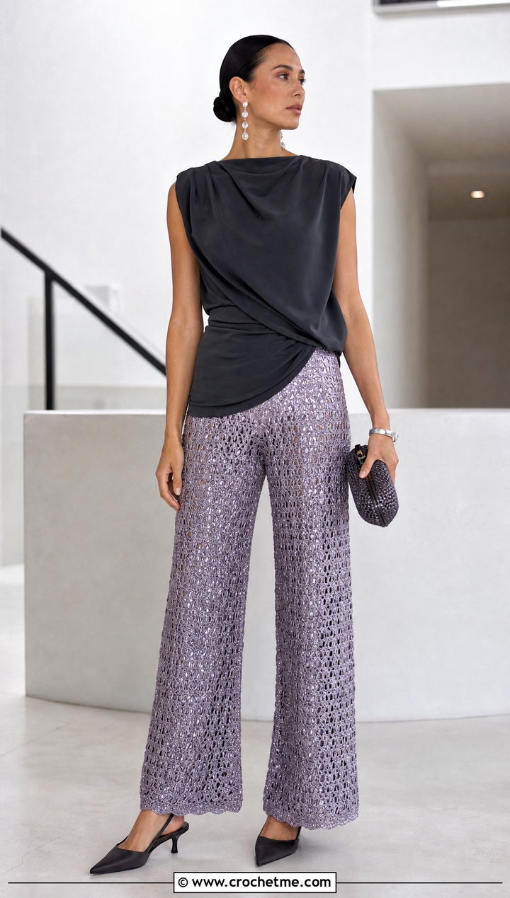Metallic Thread Crochet Wide Leg Pants With Draped Top - 25 crochet wide leg pants outfit ideas