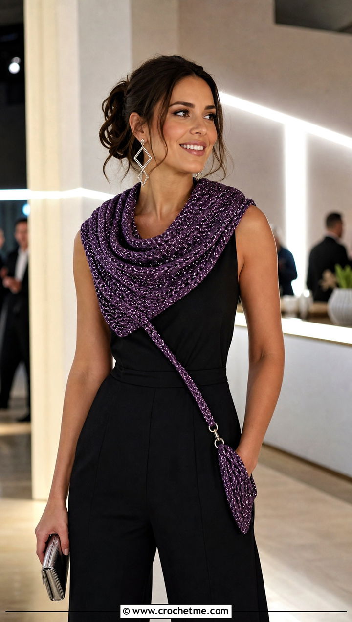 Metallic Thread Crossbody Crochet Cowl With Black Jumpsuit - 15 Crossbody Crochet Cowl outfit ideas