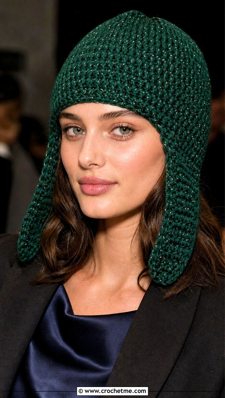 Metallic Thread Ear Flap Beanie With Satin Dress - 30 crochet ear flap beanie outfit ideas