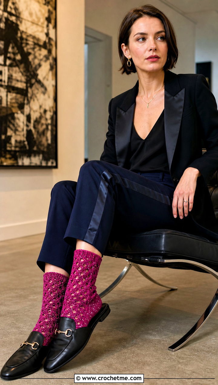 Metallic Thread Granny Socks With Evening Trouser Suit - 25 Crochet Granny Socks outfit ideas