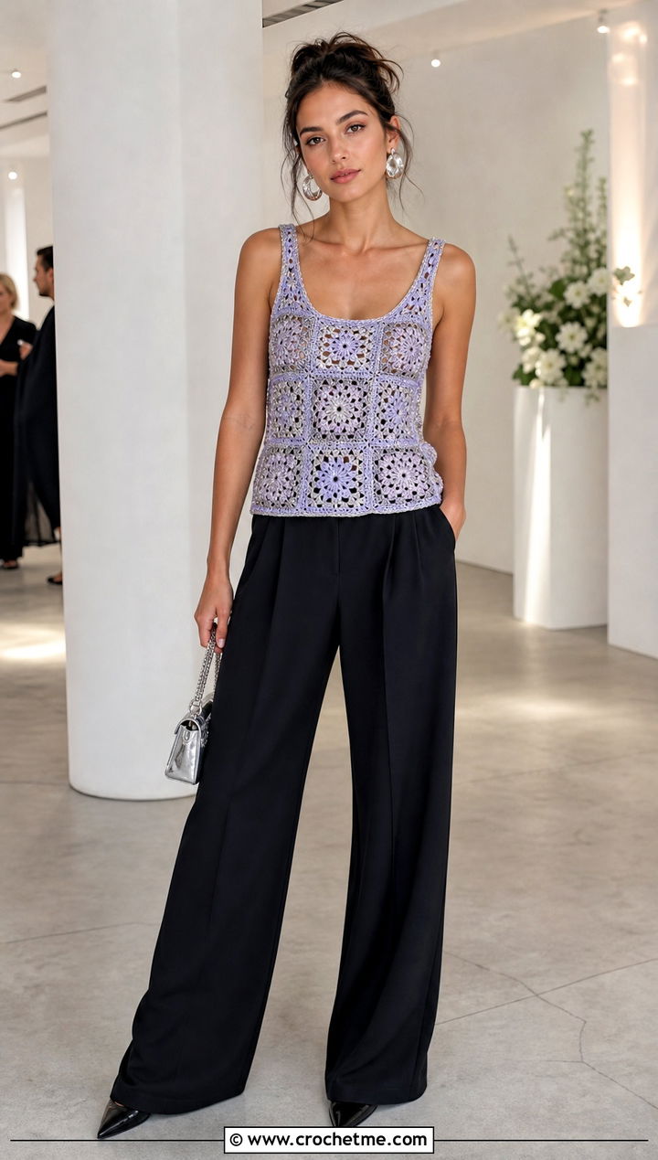 Metallic Thread Granny Square Crochet Tank Top With Black Trousers - 25 Granny Square Crochet Tank Top outfit ideas