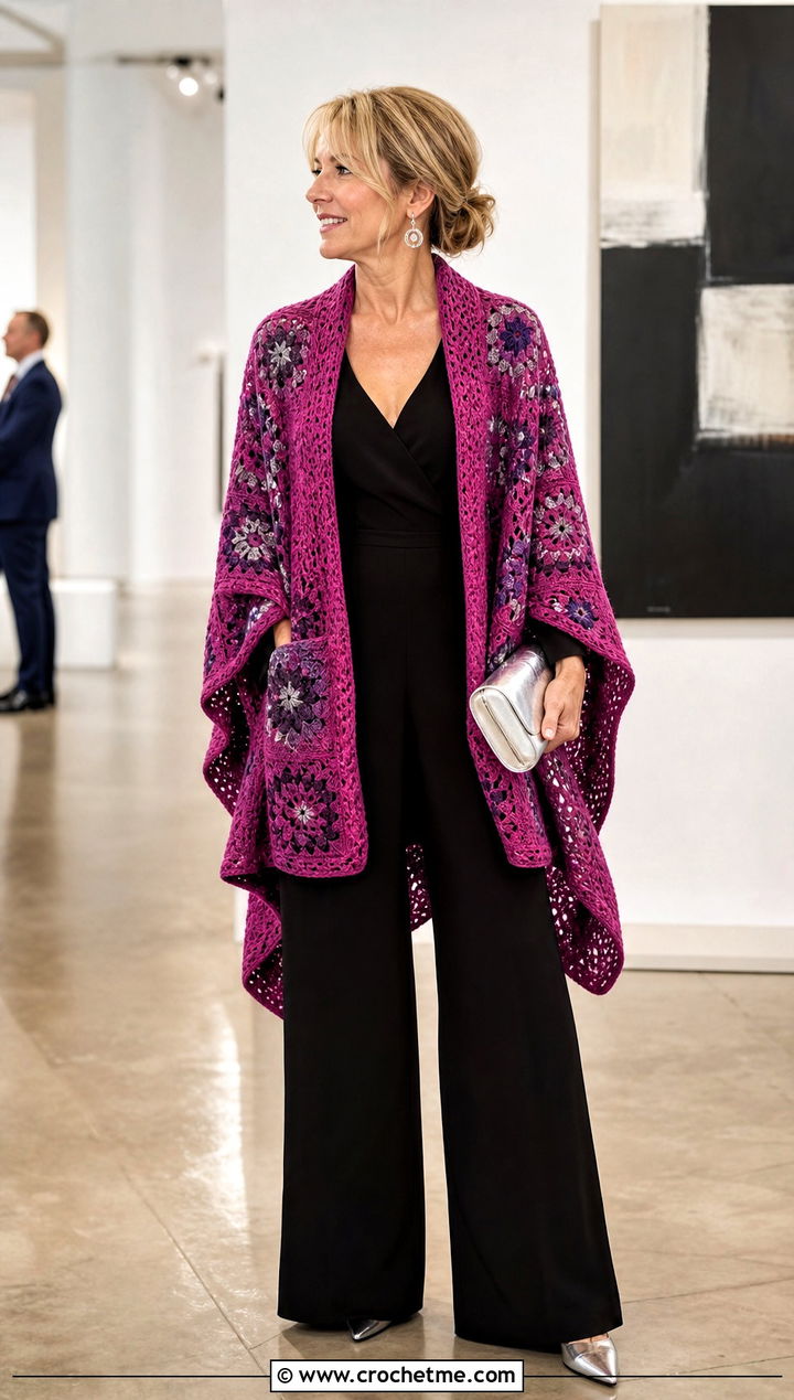 Metallic Thread Granny Square Pocket Shawl With Black Jumpsuit - 20 Granny Square Pocket Shawl outfit ideas
