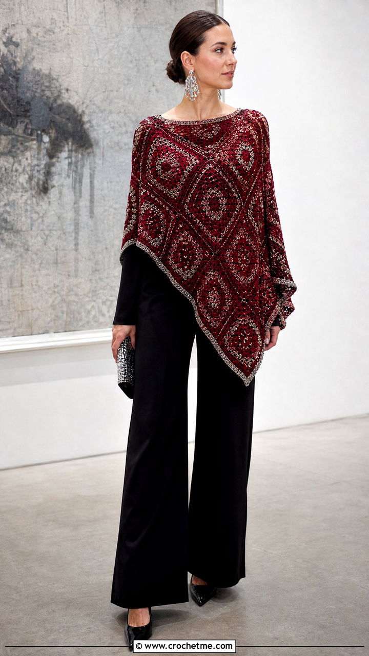 Metallic Thread Granny Square Poncho With Evening Jumpsuit - 35 crochet granny square poncho outfit ideas