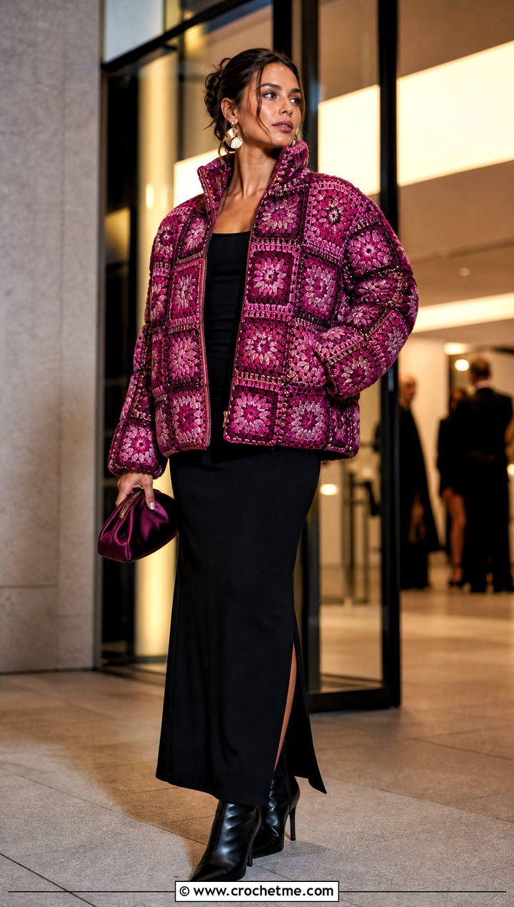 Metallic Thread Granny Square Puffer Jacket With Maxi Skirt - 15 granny square puffer jacket outfit ideas