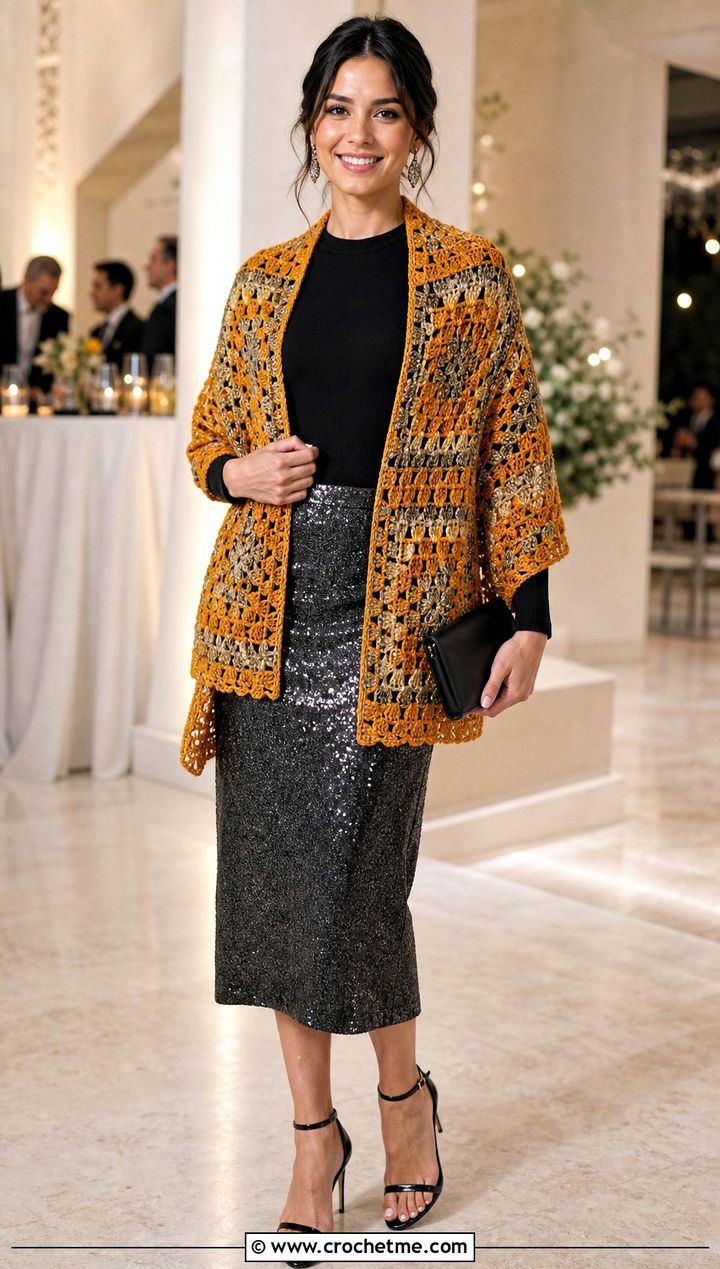 Metallic Thread Granny Square Shawl With Sequin Skirt - 35 granny square shawl outfit ideas