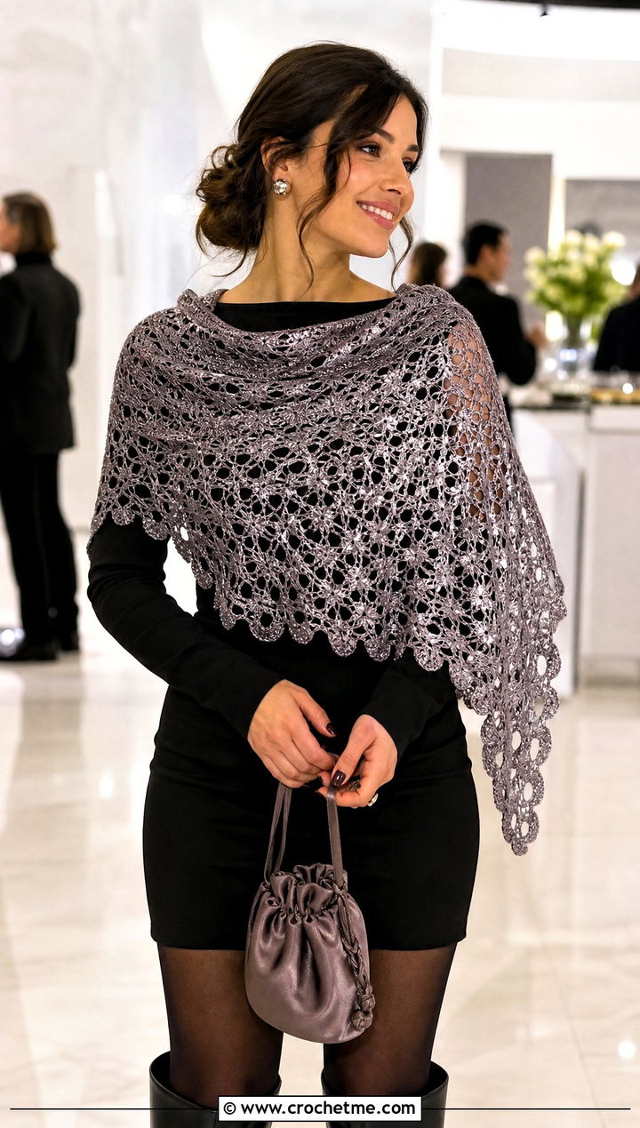 Metallic Thread Half Moon Crochet Shawl With Mini Dress And Boots - 25 Half Moon Crochet Shawl outfit ideas