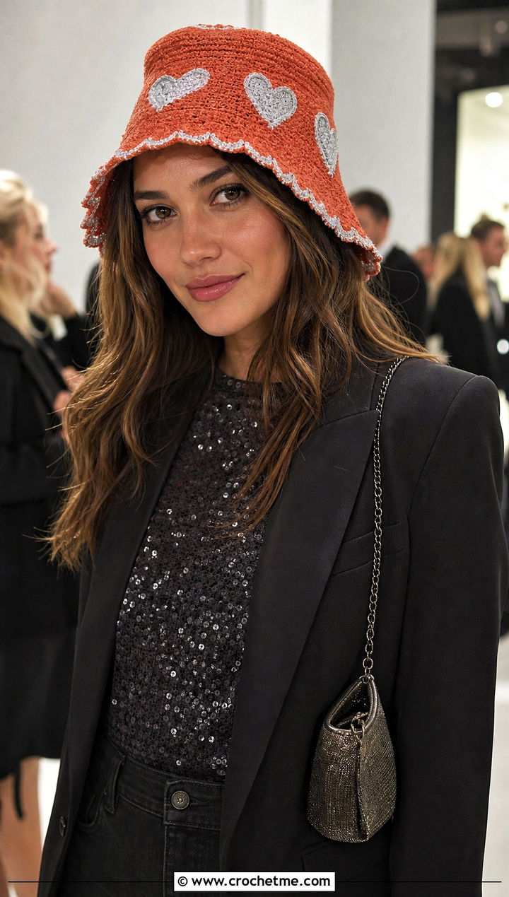 Metallic Thread Heart Bucket Hat With Sequin Top And Black Jeans - 25 crochet heart bucket hat outfit ideas
