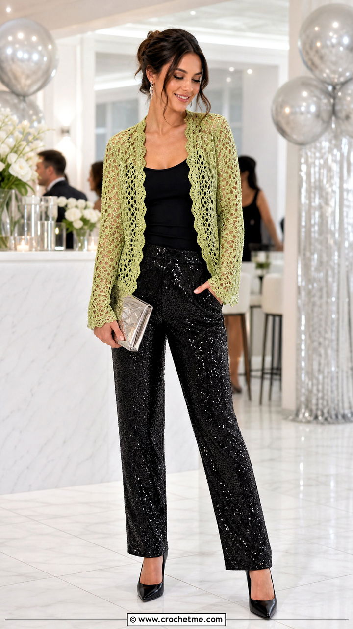 Metallic Thread Hexi Cardi With Sequin Trousers - 35 crochet hexi cardi outfit ideas