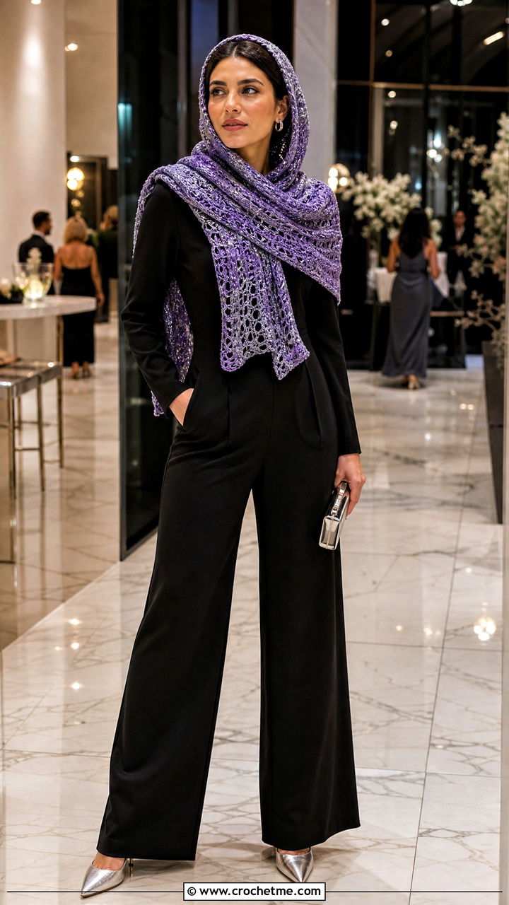 Metallic Thread Hooded Scarf With Black Jumpsuit - 35 crochet hooded scarf outfit ideas