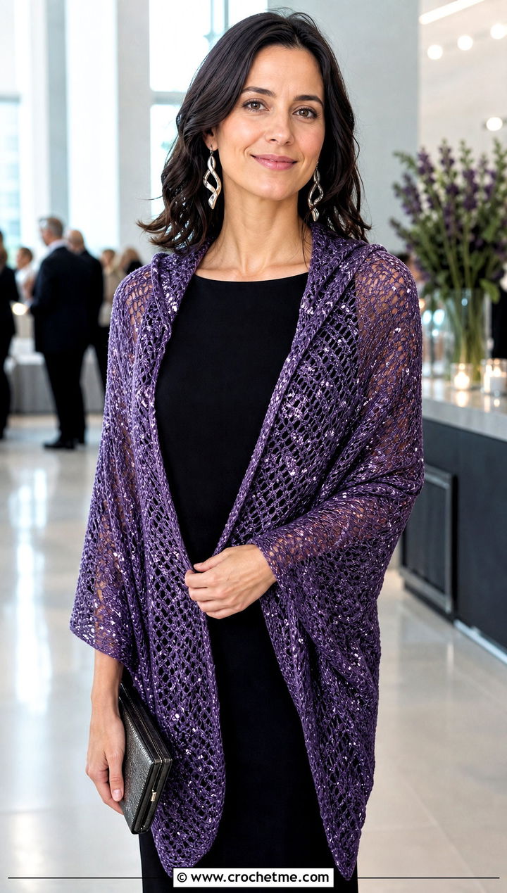 Metallic Thread Hooded Triangle Crochet Shawl With Column Dress - 25 Hooded Triangle Crochet Shawl outfit ideas