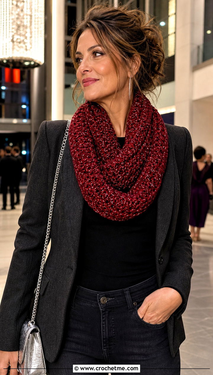 Metallic Thread Infinity Scarf With Blazer And Jeans - 30 easy crochet infinity scarf outfit ideas