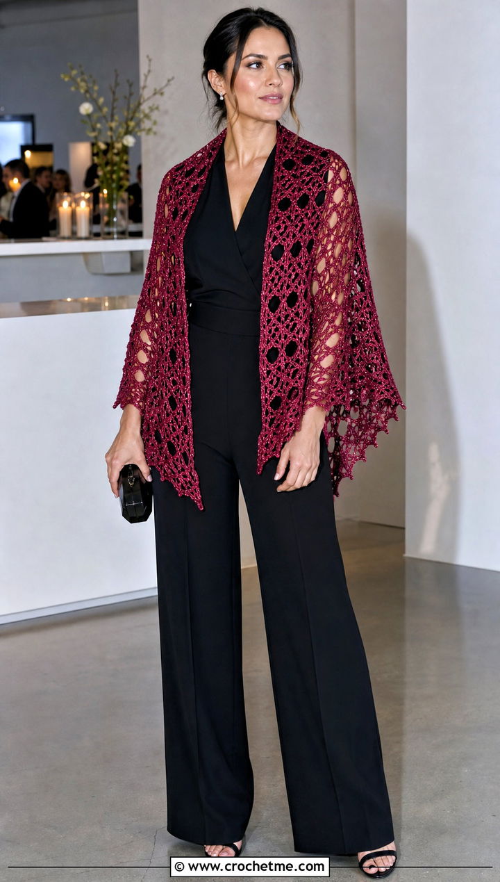 Metallic Thread Lost Souls Shawl With Evening Jumpsuit - 35 crochet lost souls shawl outfit ideas