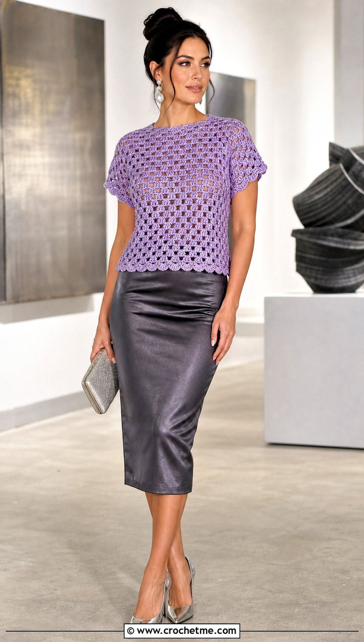 Metallic Thread Maria Crochet Top With Pencil Skirt - 20 maria crochet top outfit ideas
