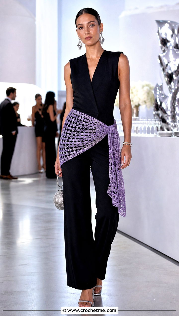 Metallic Thread Mini Crochet Sarong With Black Jumpsuit - 35 crochet sarong outfit ideas