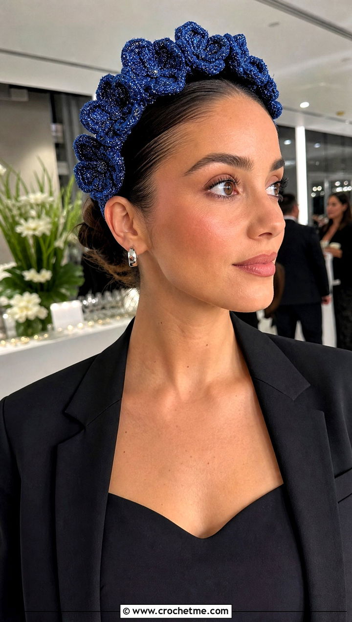 Metallic Thread Puff Flower Headband With Evening Suit - 25 crochet puff flower headband outfit ideas