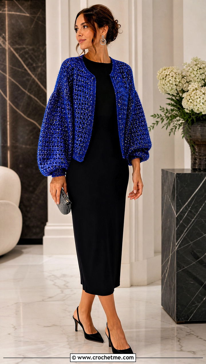 Metallic Thread Puff Sleeve Cardigan With Black Midi Dress - 25 Crochet Puffy Sleeves Cardigan outfit ideas