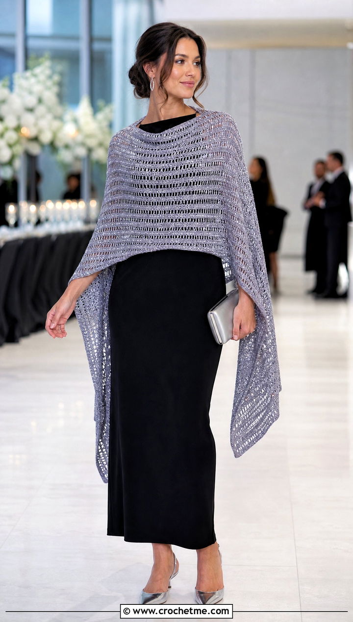 Metallic Thread Rectangle Crochet Shawl With Black Dress - 20 Rectangle Crochet Shawl outfit ideas