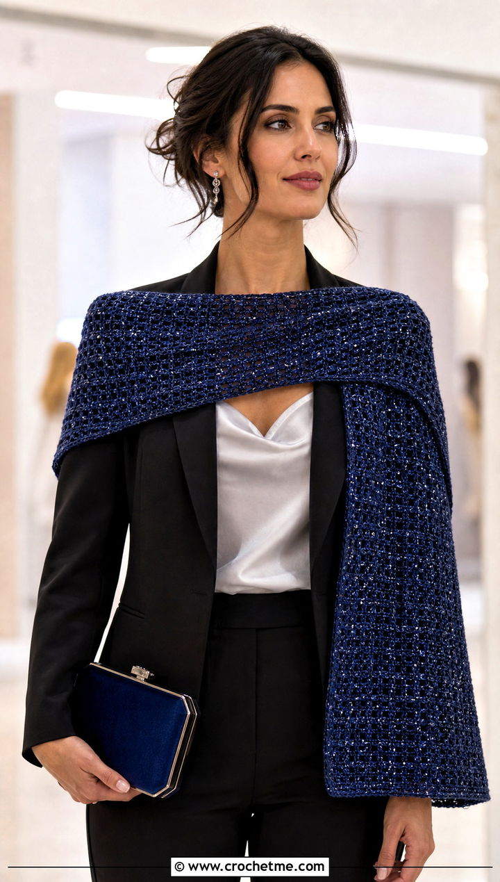Metallic Thread Rectangle Crochet Shawl With Pantsuit - 20 Rectangle Crochet Shawls outfit ideas