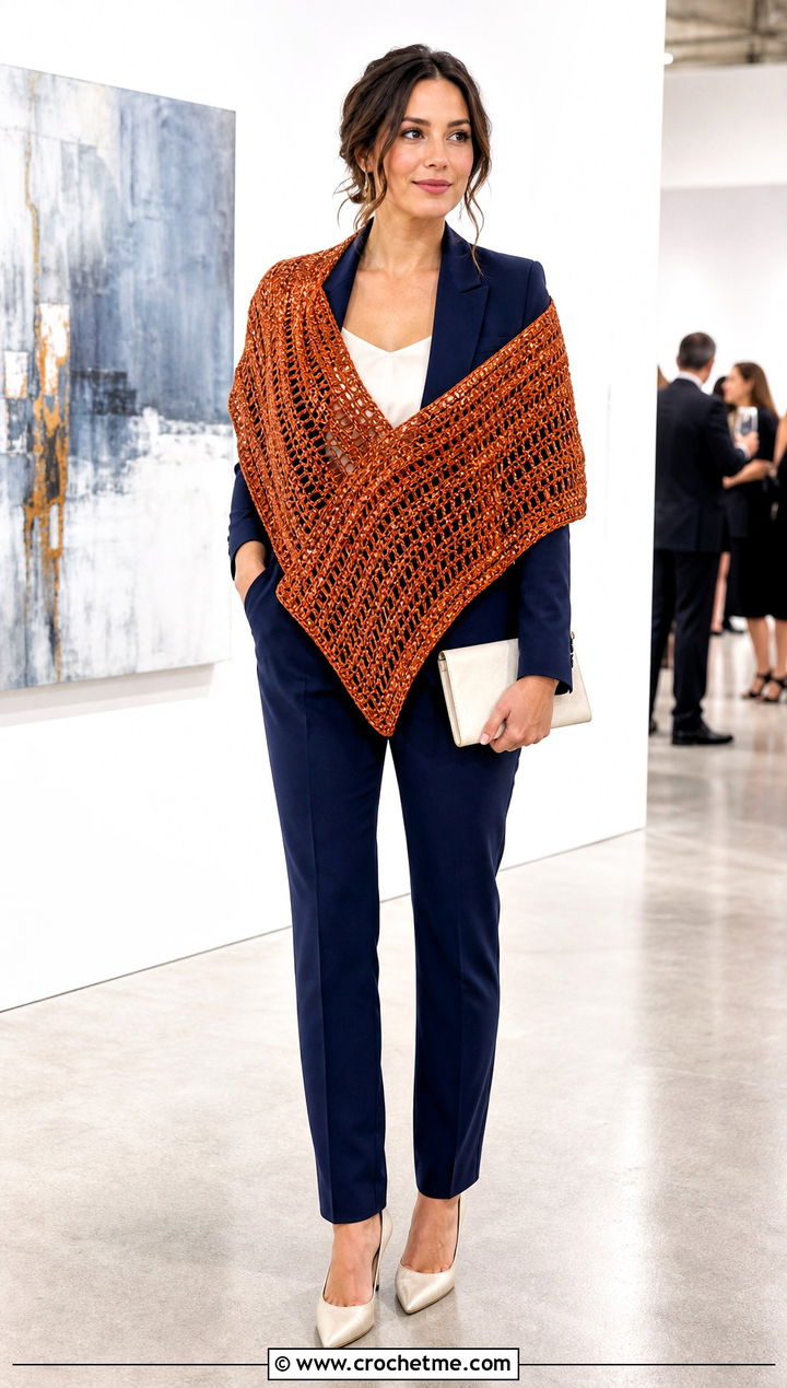 Metallic Thread Rectangle Crochet Shawl With Pantsuit - 25 Easy Rectangle Crochet Shawl outfit ideas