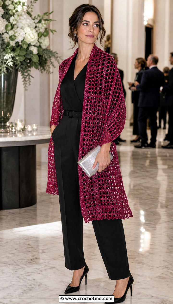 Metallic Thread Rectangle Shawl With Black Jumpsuit - 25 Easy Crochet Rectangle Shawl outfit ideas