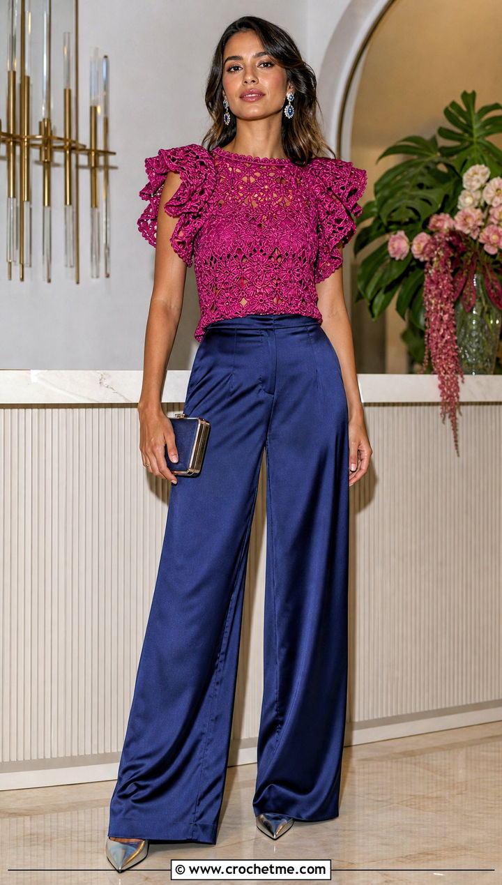Metallic Thread Ruffle Sleeve Crochet Top With Satin Pants - 30 crochet ruffle sleeve top outfit ideas