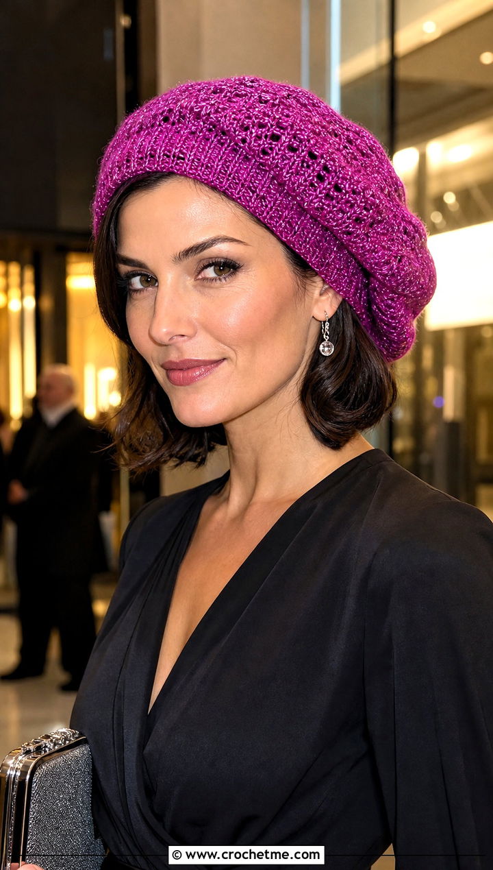 Metallic Thread Slouchy Crochet Beret With Black Jumpsuit - 25 Slouchy Crochet Beret outfit ideas