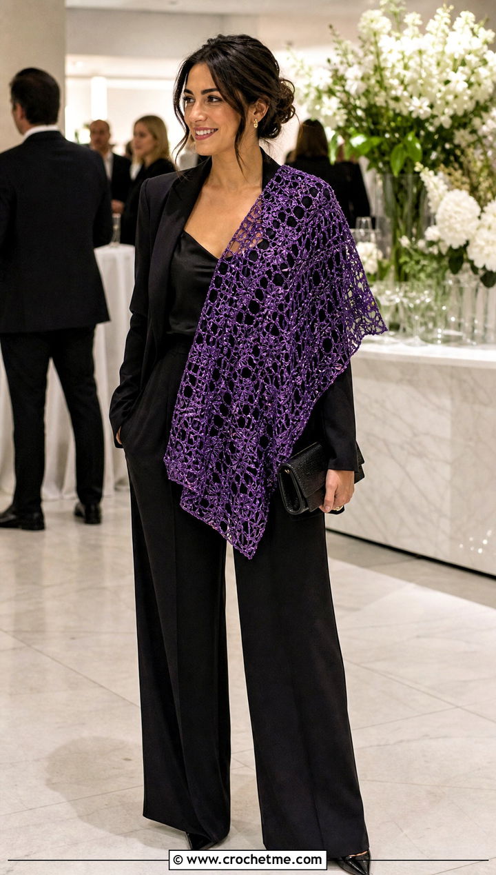 Metallic Thread Square Crochet Shawl With Evening Suit - 25 Square Crochet Shawl outfit ideas