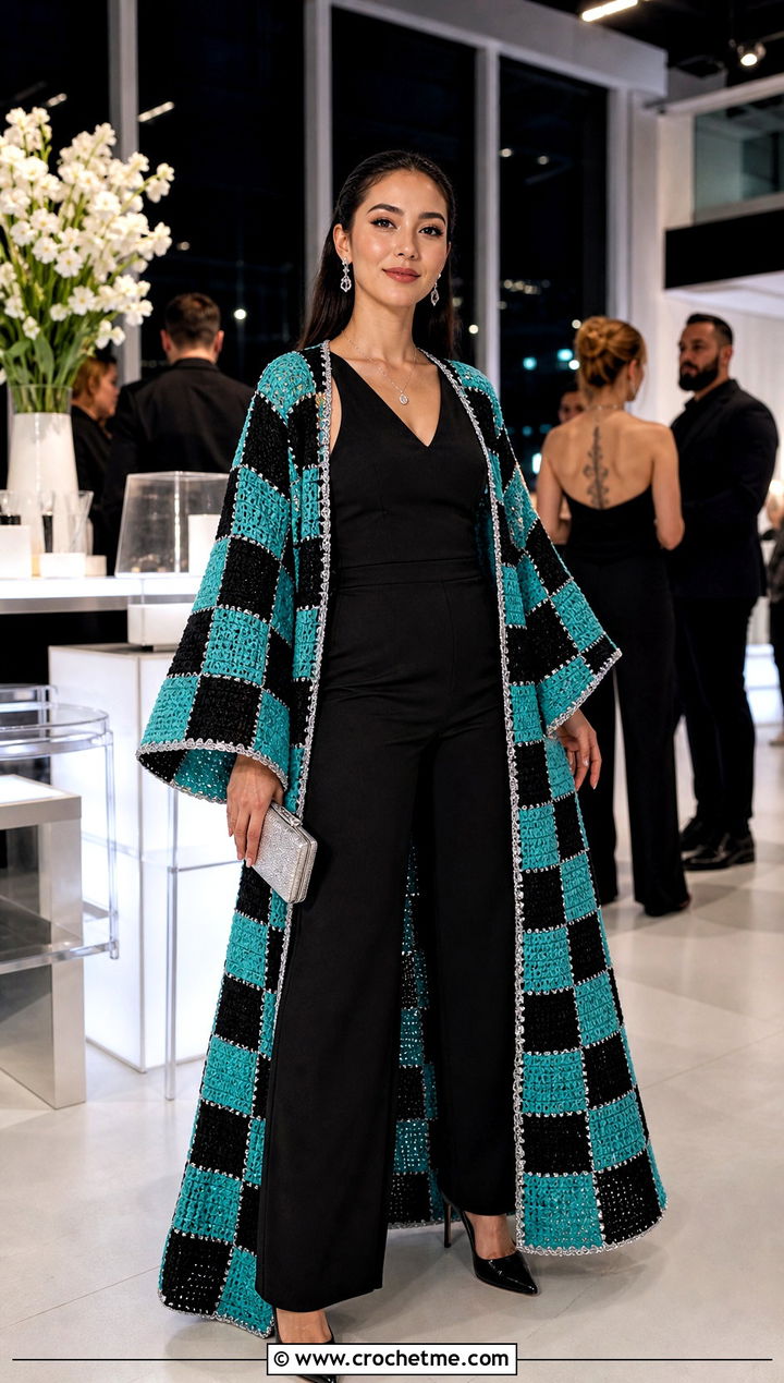 Metallic Thread Tanjiro Crochet Kimono With Black Jumpsuit - 25 tanjiro crochet kimono outfit ideas