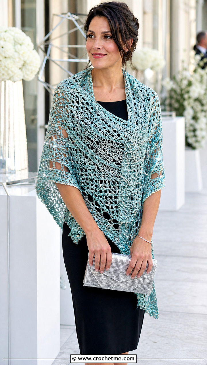 Metallic Thread Triangle Crochet Shawl With Black Dress And Pumps - 30 easy triangle crochet shawl outfit ideas