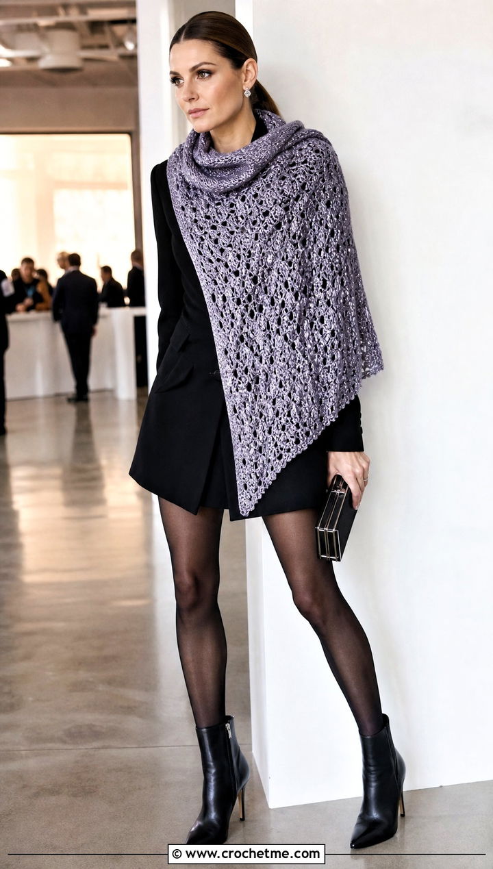 Metallic Thread Triangle Crochet Shawl With Blazer Dress - 25 triangle crochet shawls outfit ideas