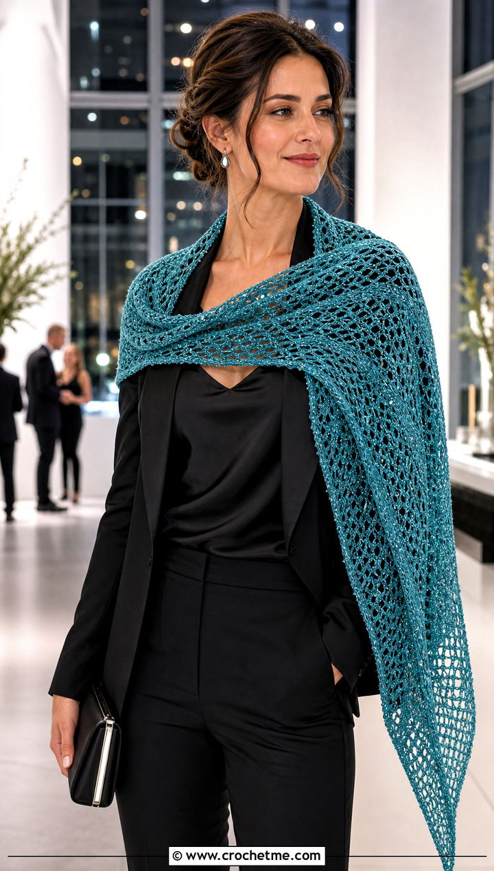 Metallic Thread Triangle Crochet Shawl With Evening Pantsuit - 35 triangle crochet shawl outfit ideas
