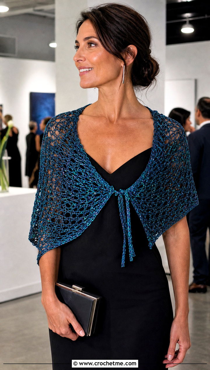 Metallic Thread Triangle Scarf With Black Dress - 25 Crocheted Triangle Scarf outfit ideas