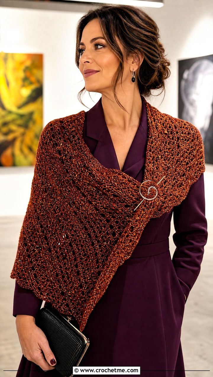 Metallic Thread Triangle Shawl With Blazer Dress - 30 easy crochet triangle shawl outfit ideas