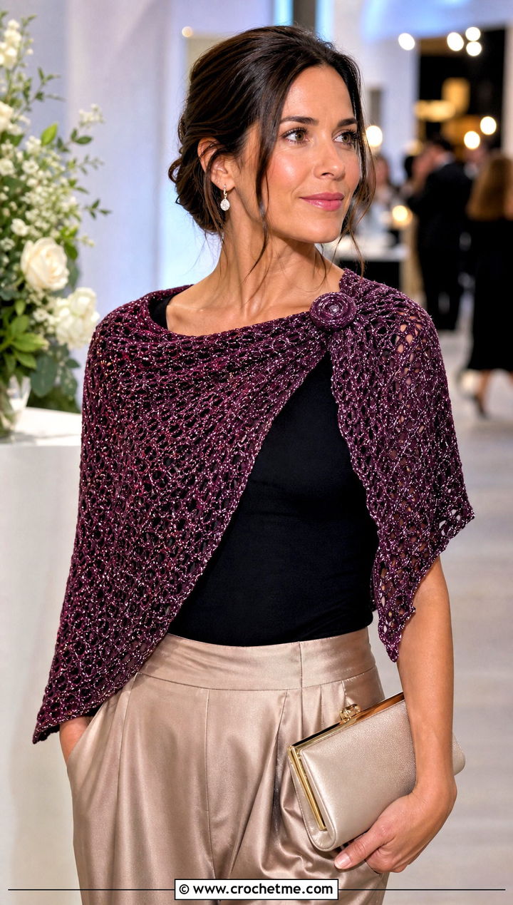 Metallic Thread Triangular Crochet Shawl With Evening Separates - 25 triangular crochet shawl outfit ideas